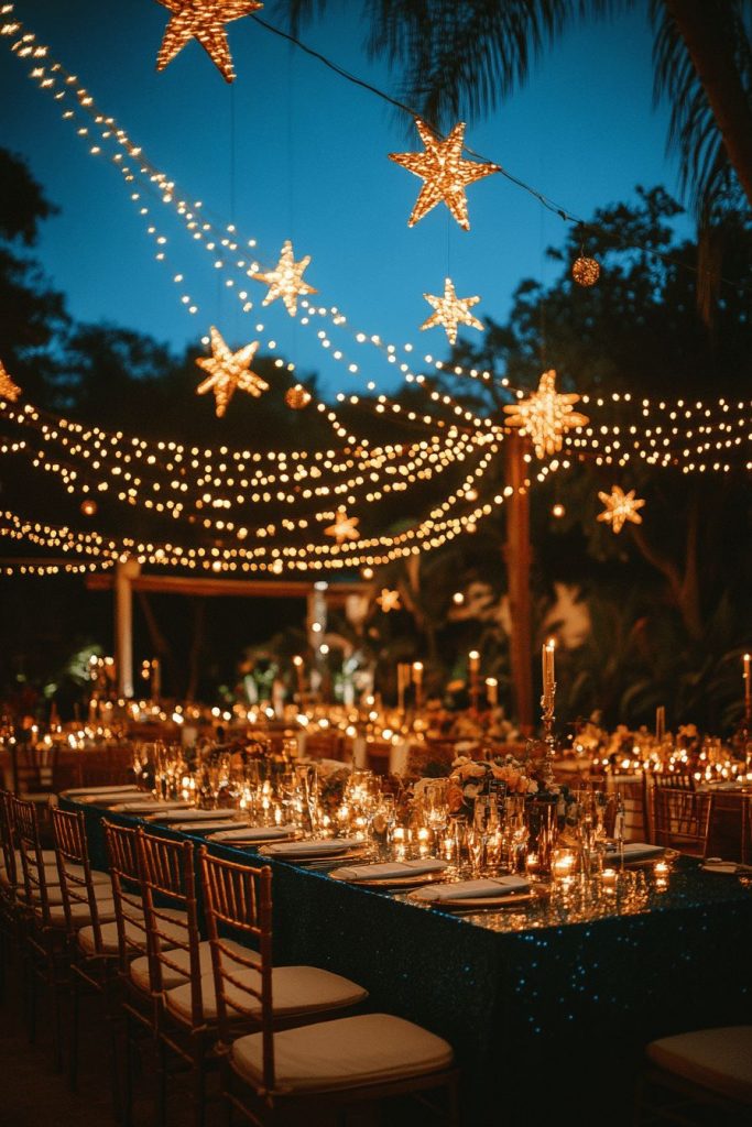 A dusk wedding reception with a canopy of string lights and large star lights. The long tables are decorated with a deep blue tablecloth and ornate, single candle candelabras.