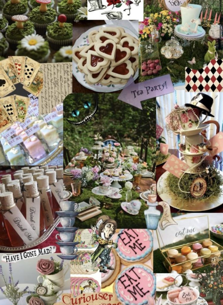 A collage of wedding decorations and designs inspired by the Alice in Wonderland book.