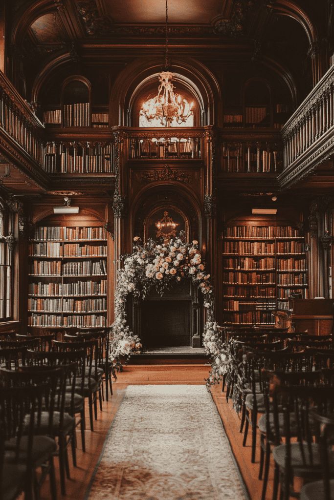 A library that has been transformed into a space for a wedding ceremony. 