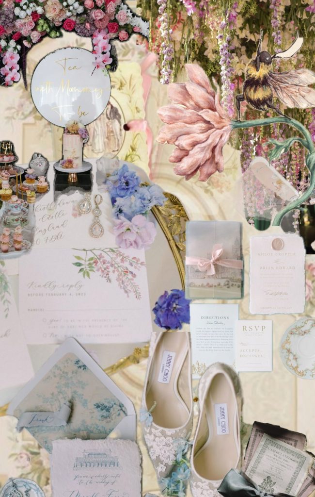 A collage of wedding decorations and designs inspired by the Bridgeton book series.