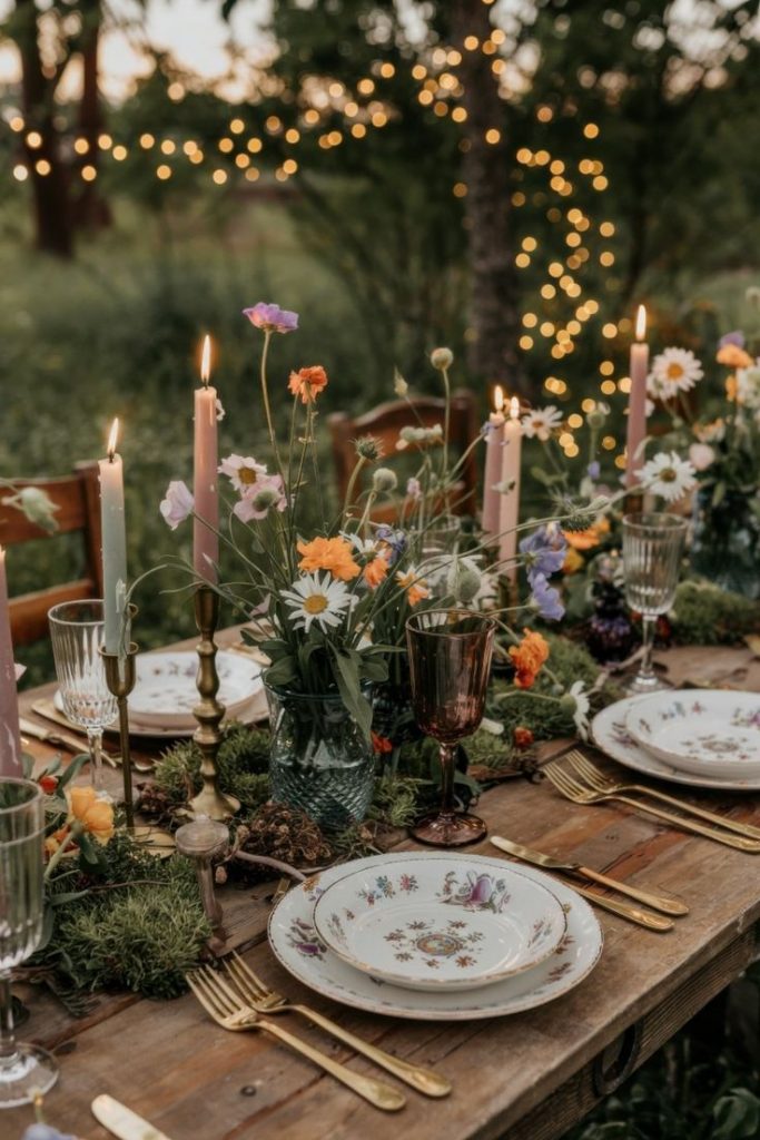 A long wedding table in a forest with homely decorations of candles and tableware. There are loose wildflower bouquets and single candlesticks artfully placed among a moss centrepiece.