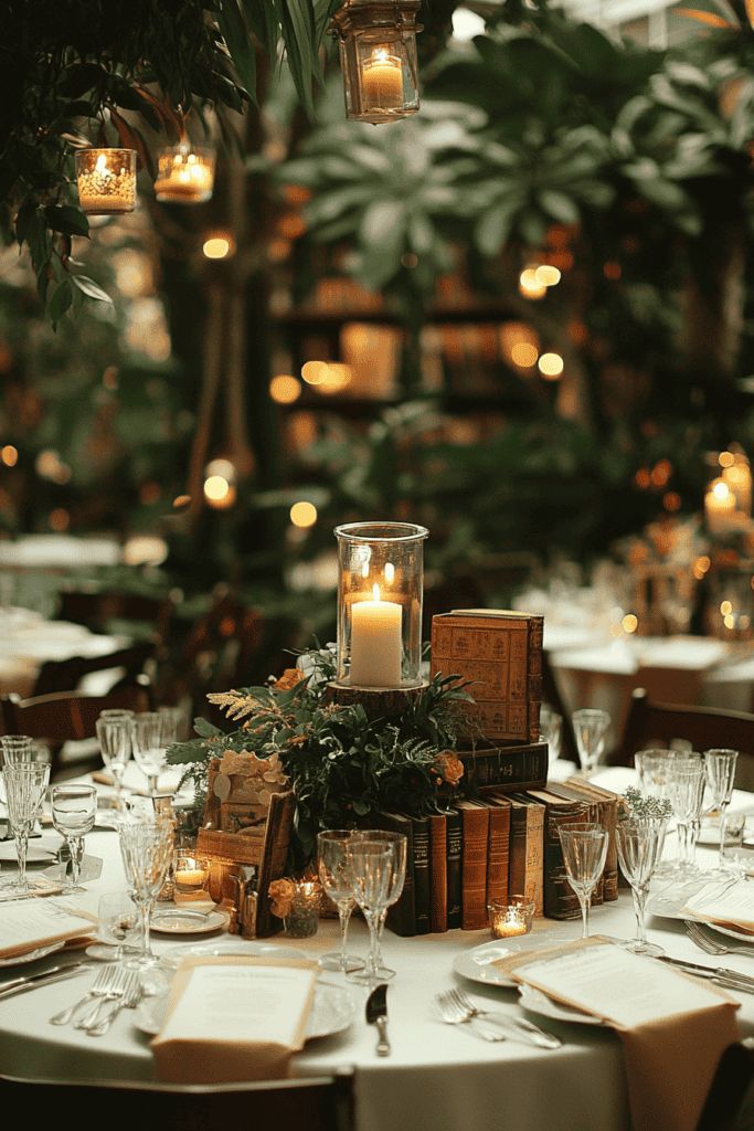 A book centrepiece with miniature hardbacks, fern leaves, and candles placed in the middle of a round table surrounded by glass and tableware.