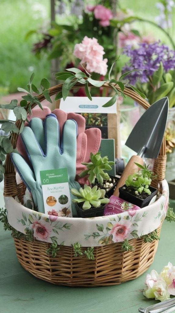 Plant-based gift basket with gloves, tools, and planters inside.
