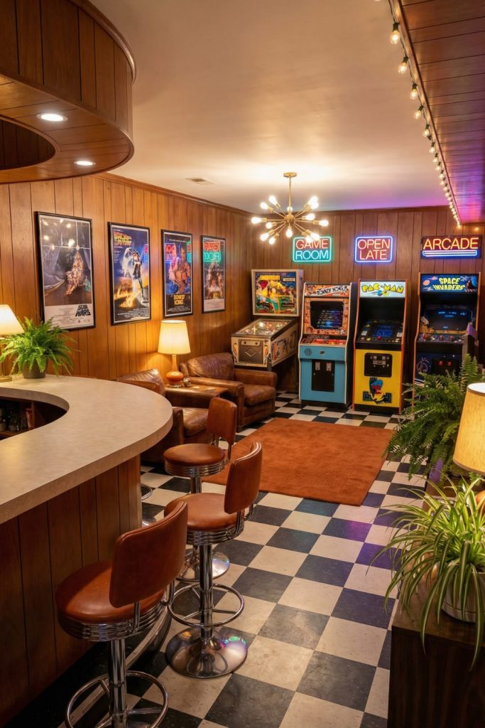 A home bar with arcade machines against the back wall and retro posters hanging on the left-hand wall.