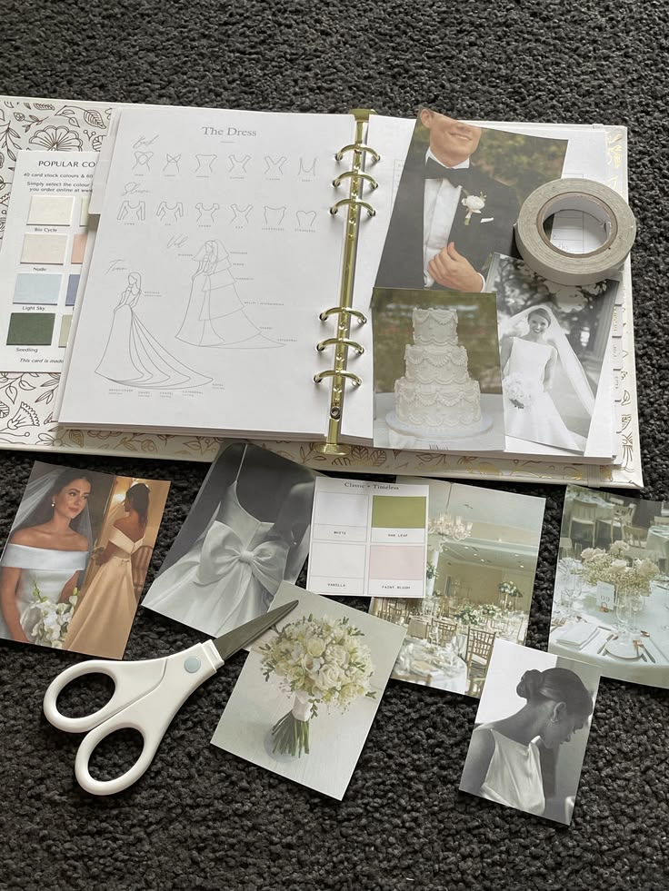 A collection of wedding planning documents spread out on a table, with inspiration pictures and stationery.