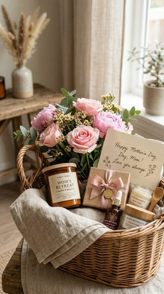 Mother's day gift basket with pink roses, a personalized candle, and card included. There are also beauty products.