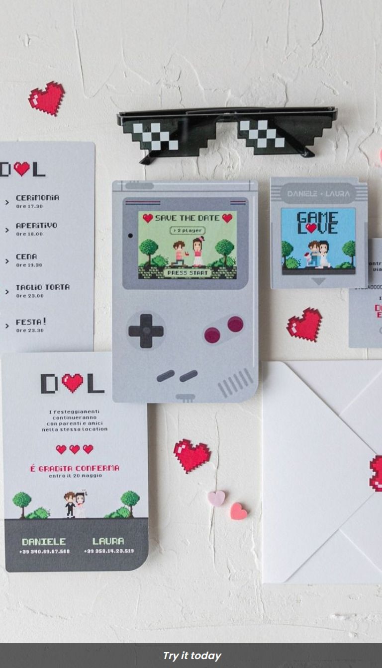 A set of wedding stationery products inspired by the Game Boy and depicting a bride and groom.