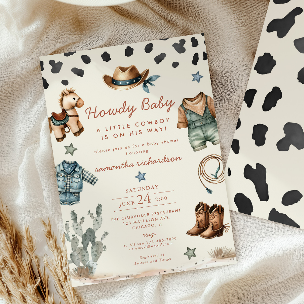 A Howdy Baby cowboy-themed baby shower invitation on cow print background featuring watercolor illustrations of western elements including horse, cowboy hat, boots, outfit, rope, and cactus with brown and teal color scheme.
