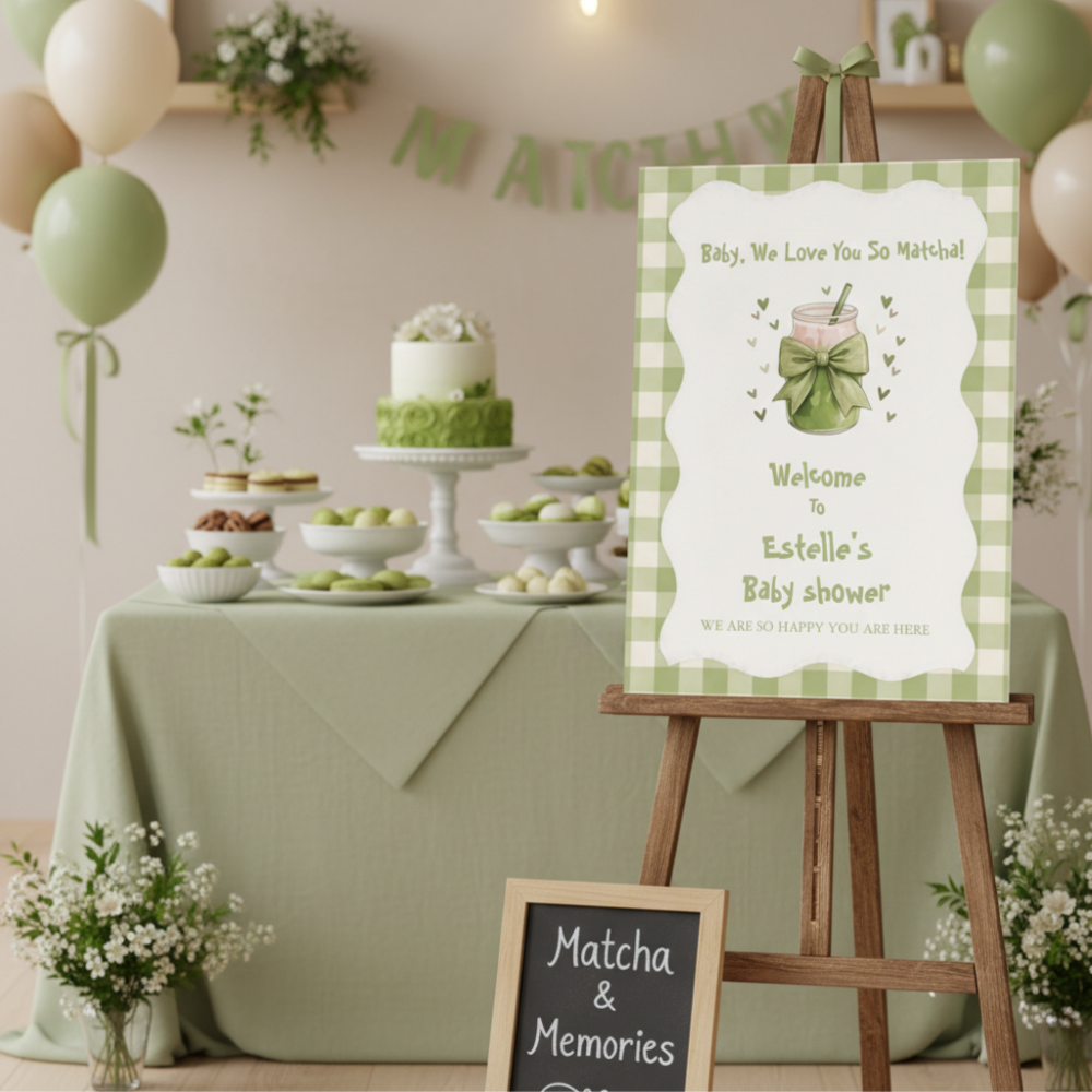 A Baby We Love You So Matcha green-themed baby shower welcome sign with gingham border and illustrated matcha drink with bow, displayed on easel at party with sage green decorations, balloons, and cake.