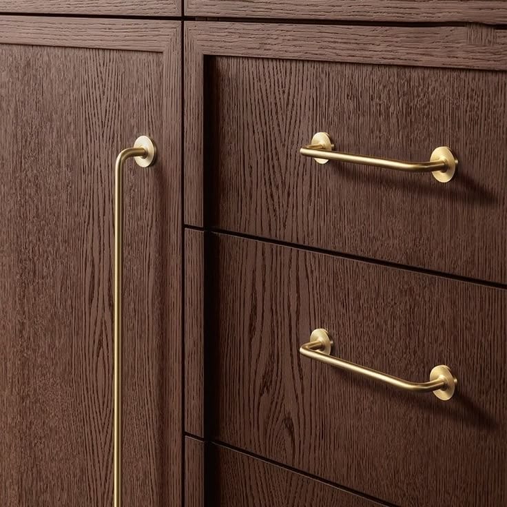 A dark brown cabinet with modern gold fixtures for handles. 