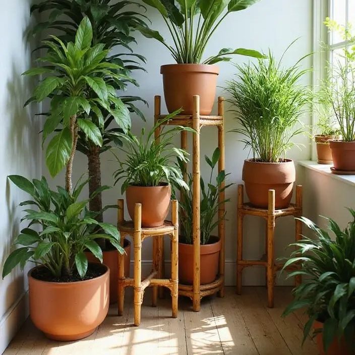 Multiple green houseplants in brown pots displayed on wooden stands, on the windowsill, or on the floor. 