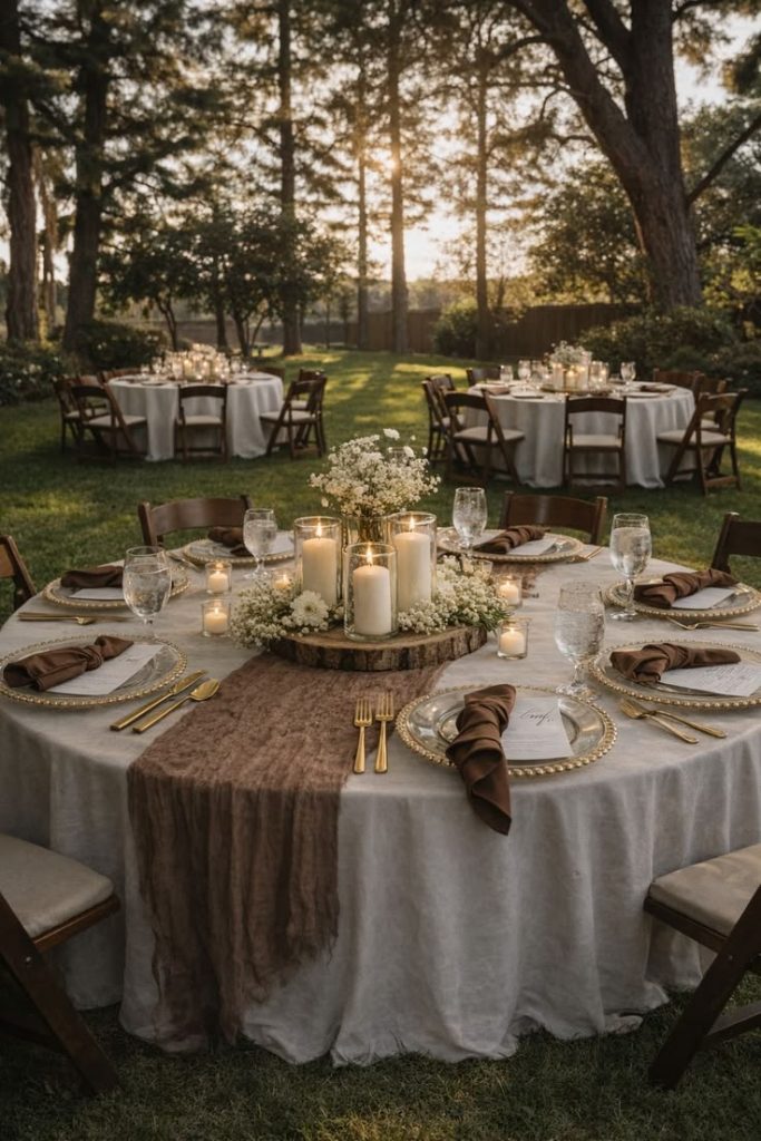 Romantic scene with 3 wedding tables set with brown table runners, white cloth table covers in a greenery background. On each table there's a candid candle centerpiece with white sprigs, along with gold plates, cutlery and clear wine glasses.