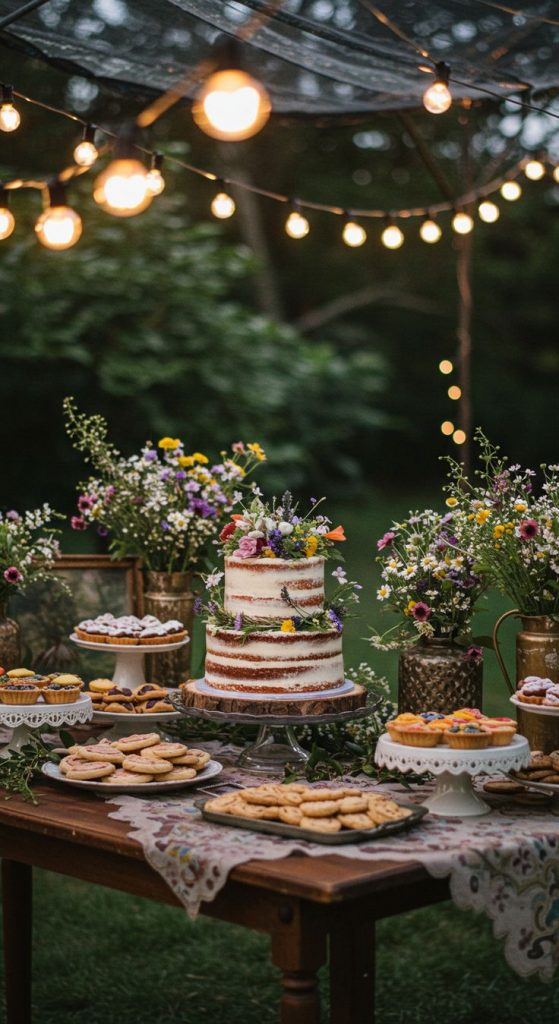 A 2 tier gently-frosted wedding cake surrounded by wild flowers, dessert dishes, and cake stands. The background display is of different shades of green.