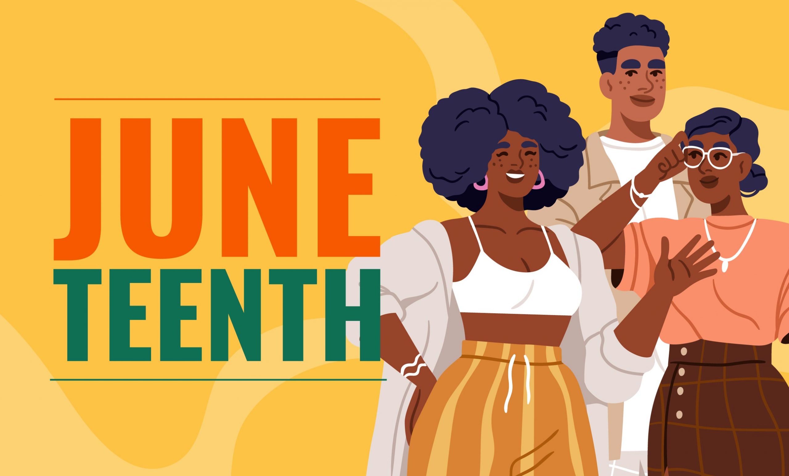 A vibrant illustration of three Black figures standing together confidently against a golden yellow background. The word "Juneteenth" appears in large bold lettering, with "June" in orange and "teenth" in deep green.