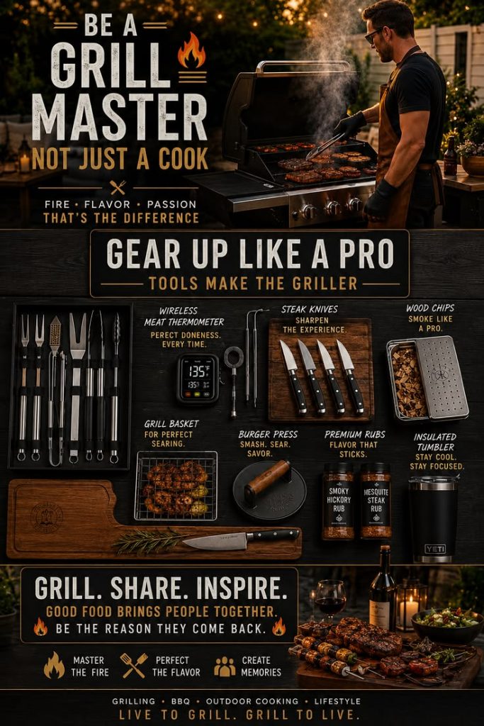 A black themed business-like image with a range of bbq utensils, multiple headings and food displays.