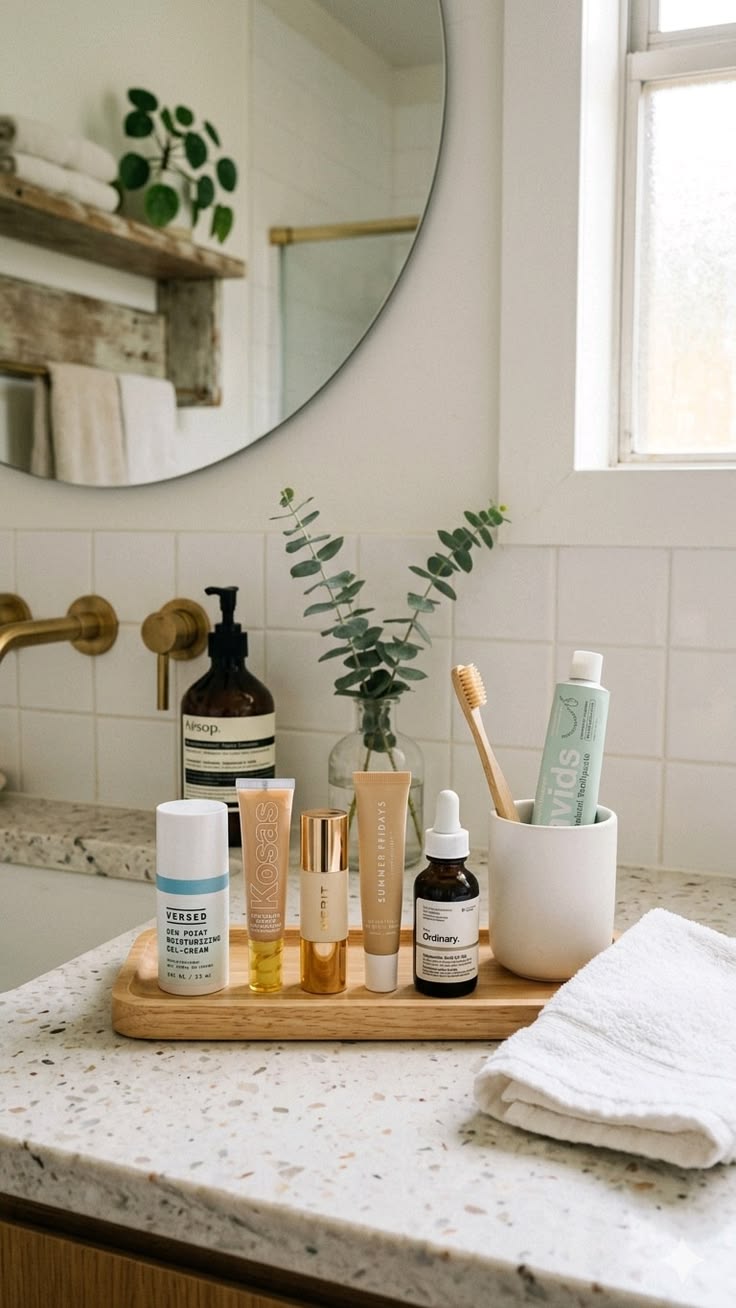 A rack showcasing a number of different toiletries on a bathroom countertop. 