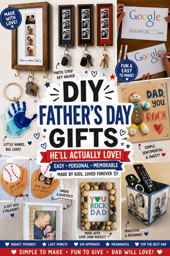 A collage of DIY gifts due to be given to a dad including a key holder, a box for TV remotes, and a tactile card. 