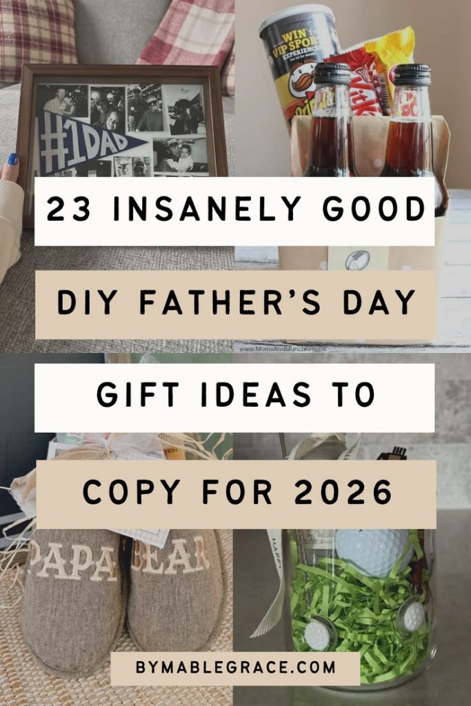 A collage of DIY gifts to be given to a dad including a picture frame, slippers, and some snacks.