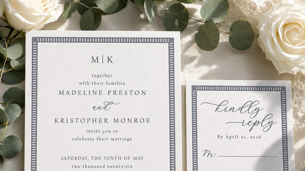 A letterpressed invitation and response card with a gray border. There are white roses, rings, and foliage in the background.