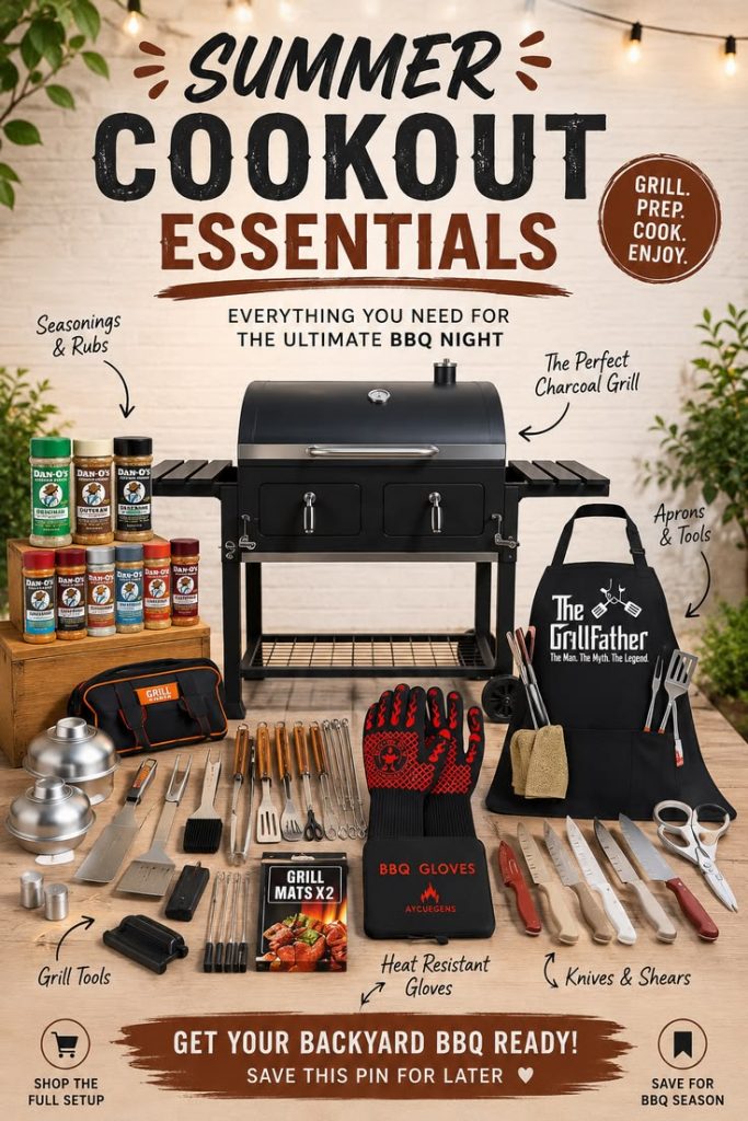 A business-like flyer with a list of things to buy. It's a neutral background with a bbq grill, apron, a range of bbq utensils and seasonings.