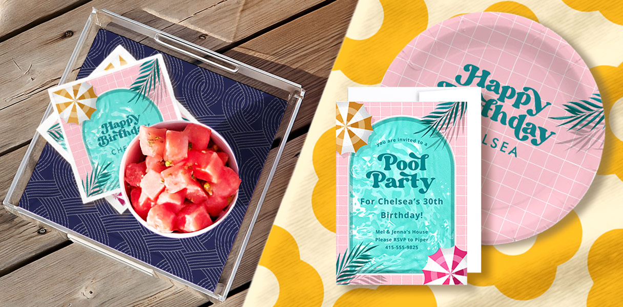 A bright summer party flat lay showing a lucite tray with a bowl of watermelon and themed stationery resting on a wood deck, paired with a coordinating paper plate and invitation card displayed on a cheerful yellow scalloped background.
