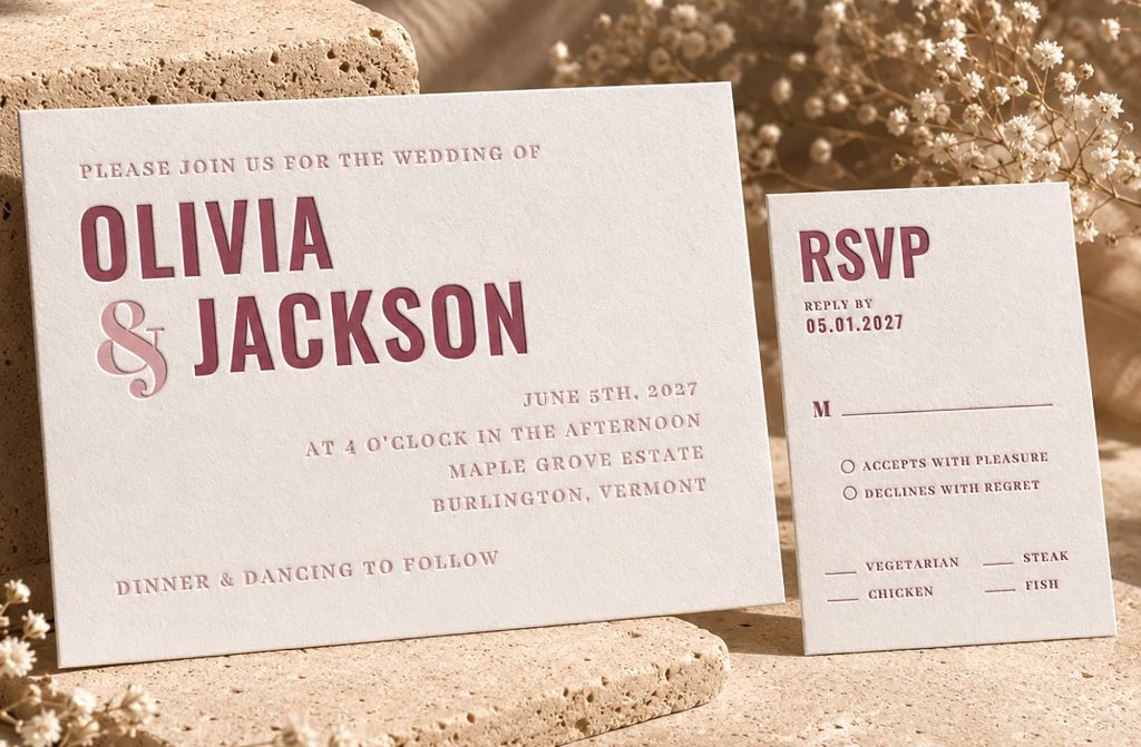 A modern. burgundy colored invitation with letterpressed text. An RSVP card is positioned next to the invite and foliage can be seen in the background.
