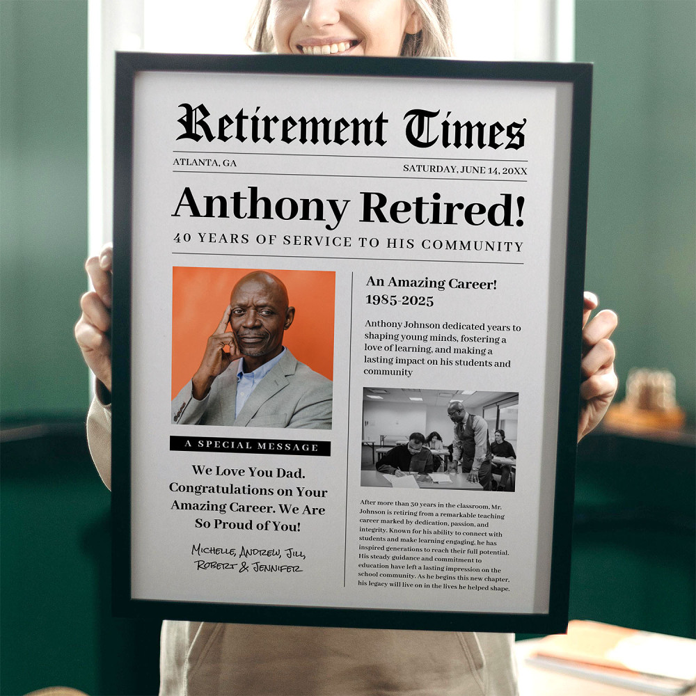 Person is holding a framed retirement newspaper-style poster.
