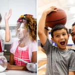 The photo contains two pictures, On the left is an aunt and her niece, baking and laughing, throwing flour in the air. On the right is an uncle and his nephew, smiling at the camera in a basketball court, with the nephew holding a basketball above his head.