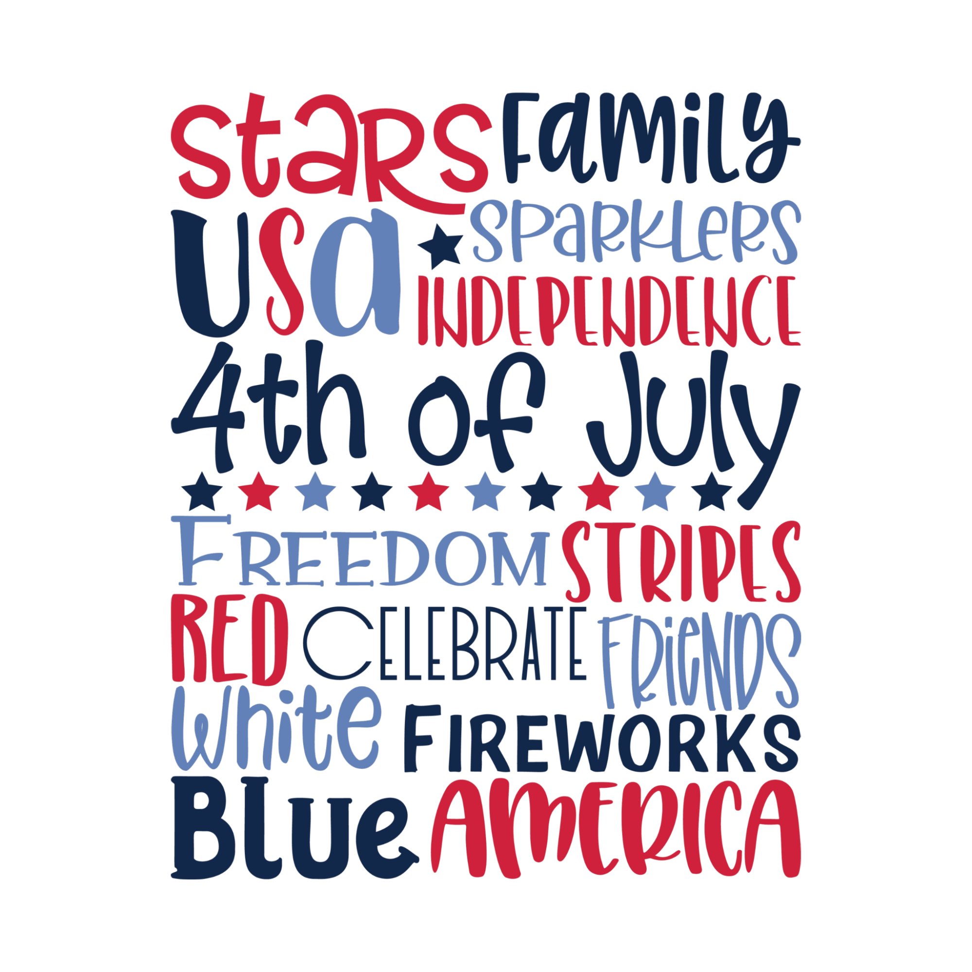 A collage of phrases related to the 4th of July.