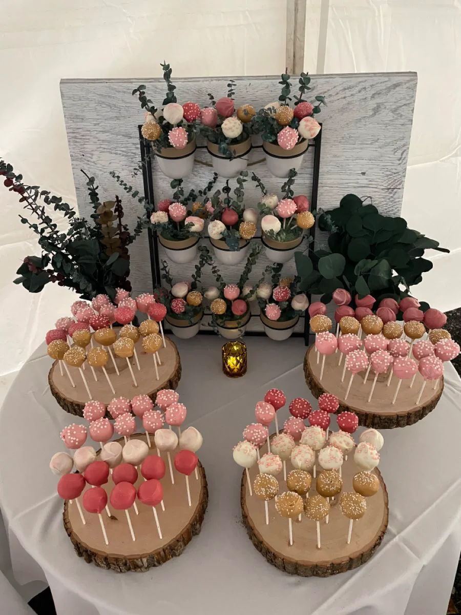 A rustic cake pop display featuring multiple different color cake pops.