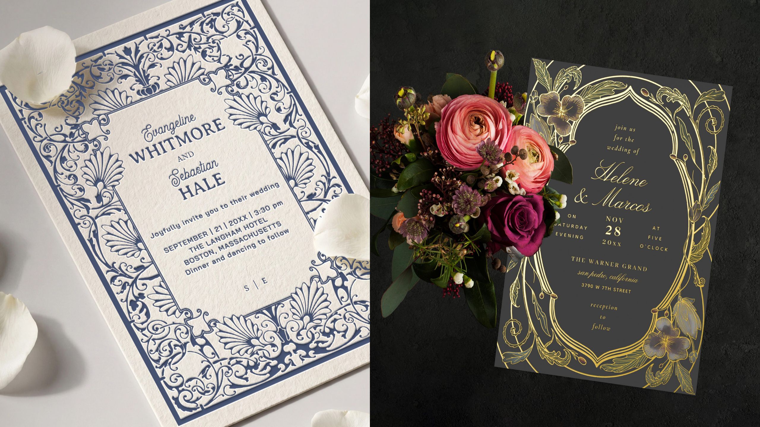 A set of two designs. The left is letterpess and the right is foil.