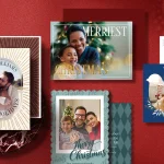 Various holiday cards from Zazzle are shown next to some tinsel and a lighting candle.