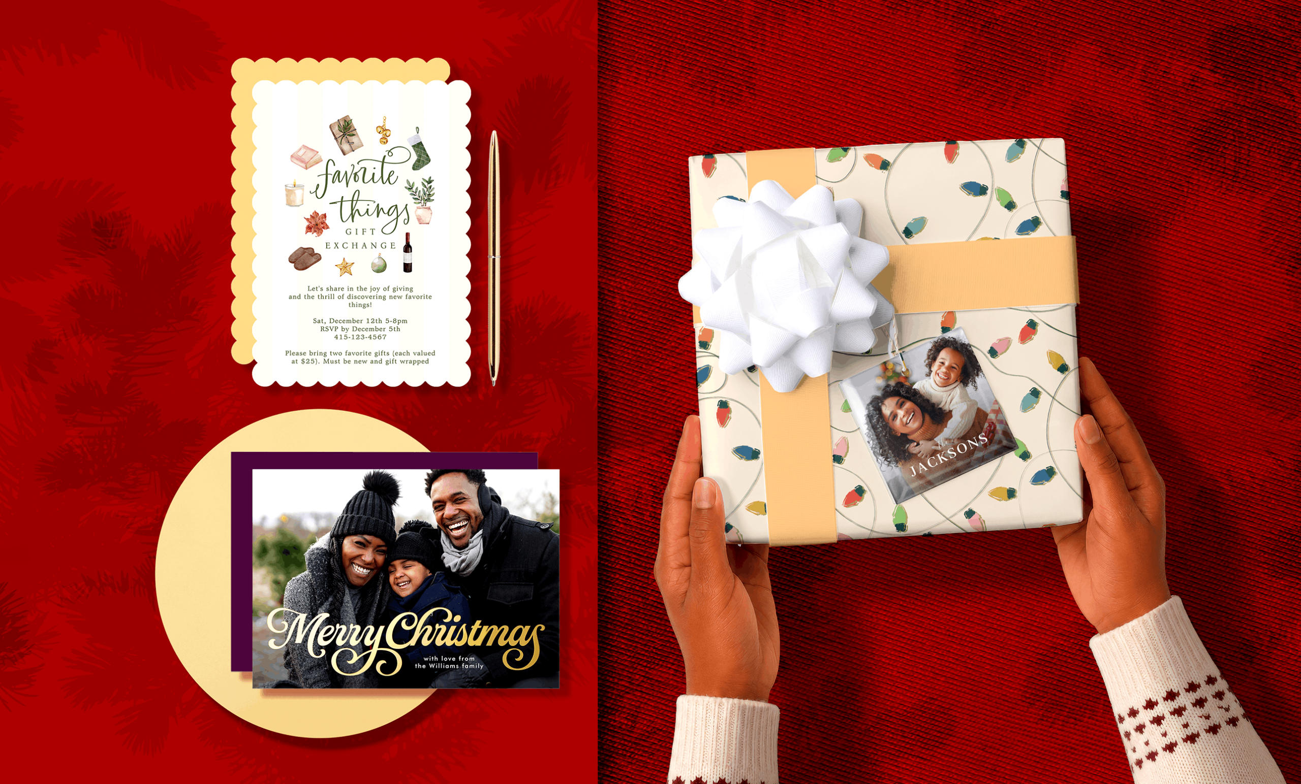 A collage of images on a red background, featuring a wrapped Christmas present with a white bow and family photo, a festive gift-exchange invitation, a pen, and a family Christmas card.