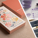Collage of three business card designs: a stack with a raised spot UV folk floral pattern in coral, pink, yellow, and navy on cream with coral painted edges, shown beside its solid coral back; a clear acrylic card printed in purple with a line drawing of an eye, set against blurred purple lenses and optometry frames; and two navy cards with gold foil detailing, a metallic gold band, and a gold QR code, laid on natural linen.