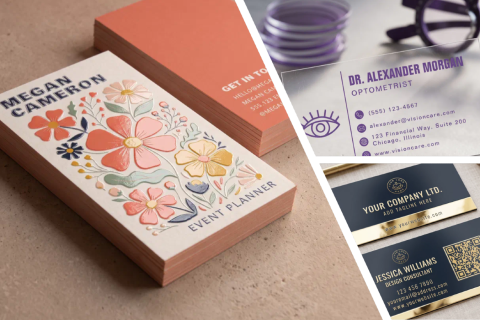 Collage of three business card designs: a stack with a raised spot UV folk floral pattern in coral, pink, yellow, and navy on cream with coral painted edges, shown beside its solid coral back; a clear acrylic card printed in purple with a line drawing of an eye, set against blurred purple lenses and optometry frames; and two navy cards with gold foil detailing, a metallic gold band, and a gold QR code, laid on natural linen.
