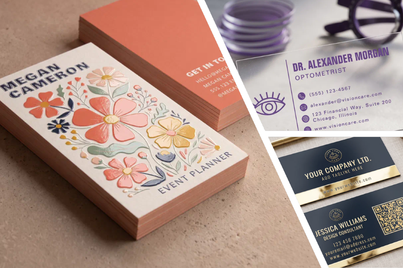 Collage of three business card designs: a stack with a raised spot UV folk floral pattern in coral, pink, yellow, and navy on cream with coral painted edges, shown beside its solid coral back; a clear acrylic card printed in purple with a line drawing of an eye, set against blurred purple lenses and optometry frames; and two navy cards with gold foil detailing, a metallic gold band, and a gold QR code, laid on natural linen.