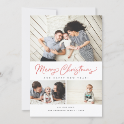 $2.00 per card Merry Christmas Red Script 3 Collage Multi-Photo Holiday Card