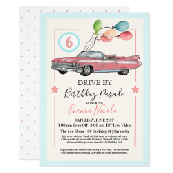 $2.50 per invite ANY AGE - Drive By Virtual Girl Birthday Party Invitation