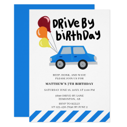 $2.55 per invite Drive-by Birthday Cute Blue Car Balloons Simple Invitation