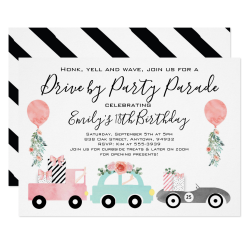$2.50 per invite Drive by birthday party parade invitation girl