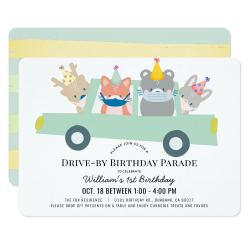 $2.76 per invite Woodland Animals Green Car Drive-by Birthday Invitation