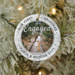 2 Photo Our First Christmas Engaged Faux Marble Ceramic Ornament