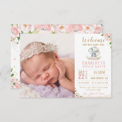 Blush Floral Elephant New Baby Girl Photo Birth Announcement