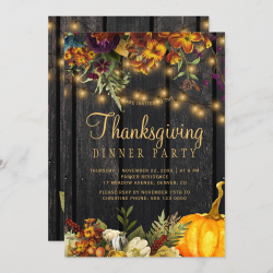 Rustic floral brown barn wood Thanksgiving dinner Invitation