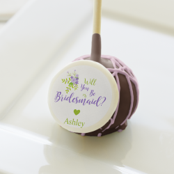 Will You be My Bridesmaid Quote in Purple & Green Cake Pops
