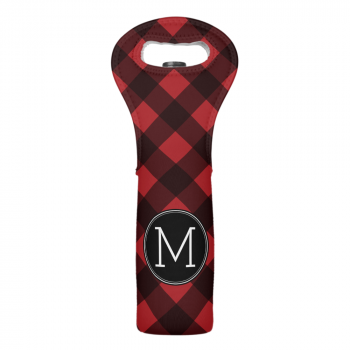 Rustic Red & Black Buffalo Plaid Pattern Monogram Wine Bag