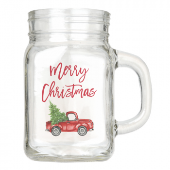 Red Brush Script Vintage Truck Christmas Tree Mason Jar