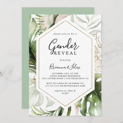 Geometric Gold Tropical Green Gender Reveal Party Invitation